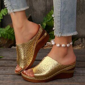 Luxury Golden Thick Sole Slope Heel Sandals